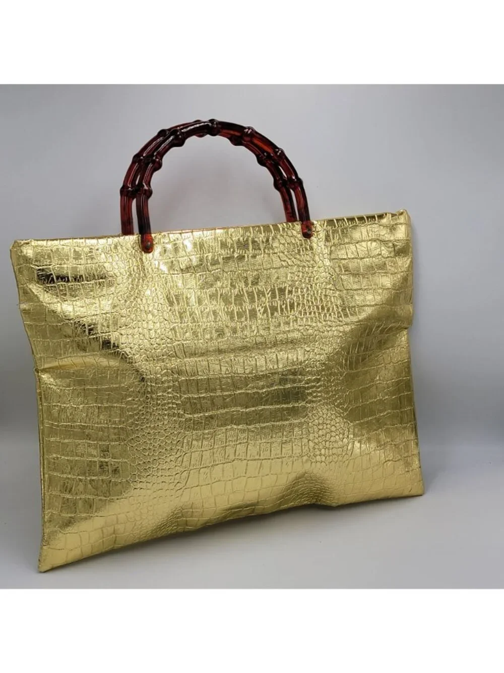 Vintage 80s 90s Mob Wife Gold Crocodile Handbag/Tote with Lucite Handles